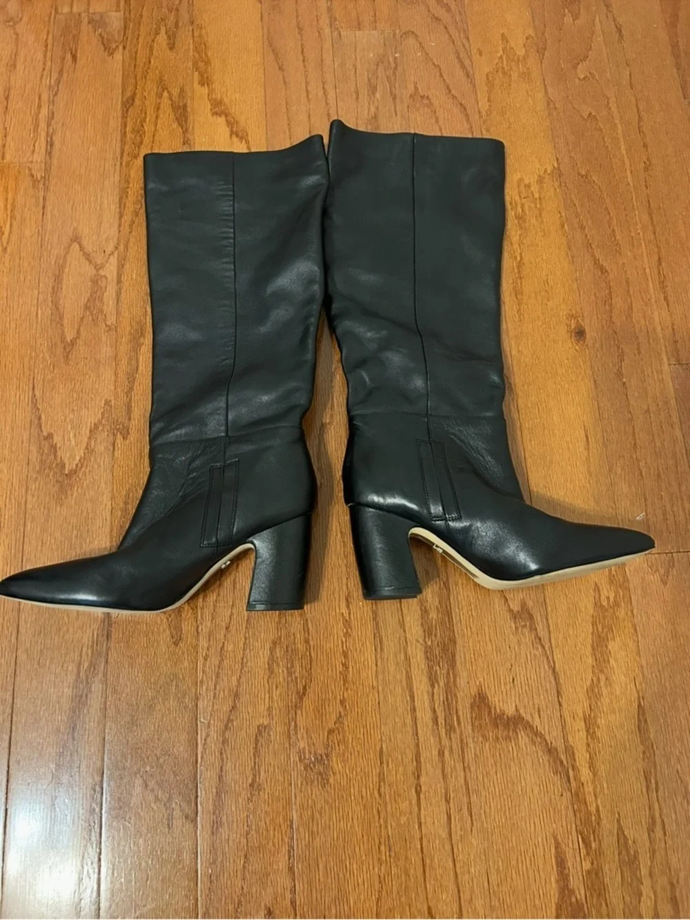 Sam Edelman Black Leather Knee High Boots Size 8 Block Heel Pointed Toe Chic